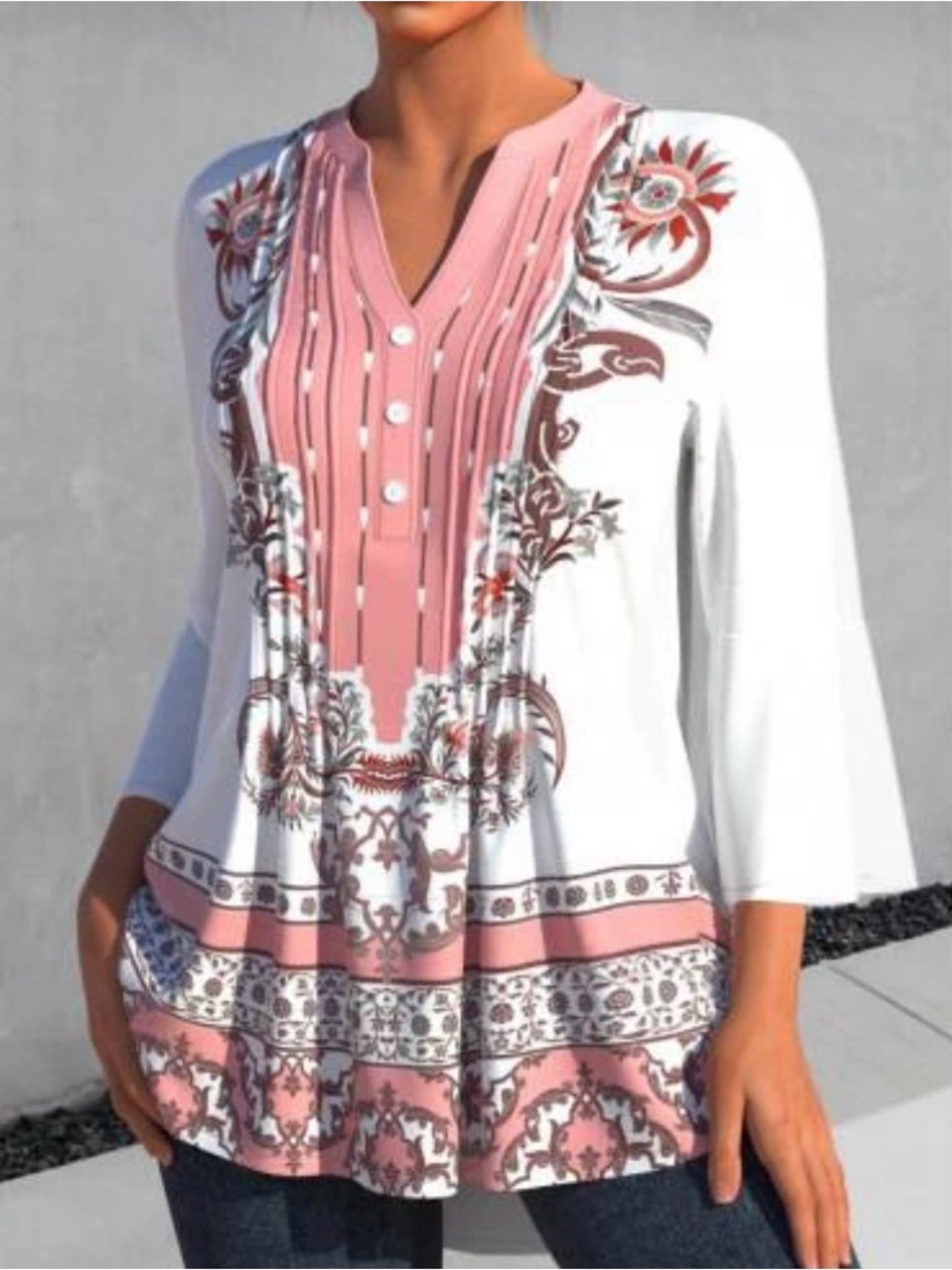 Women's White and Pink Printed V-Neck Button Tunic